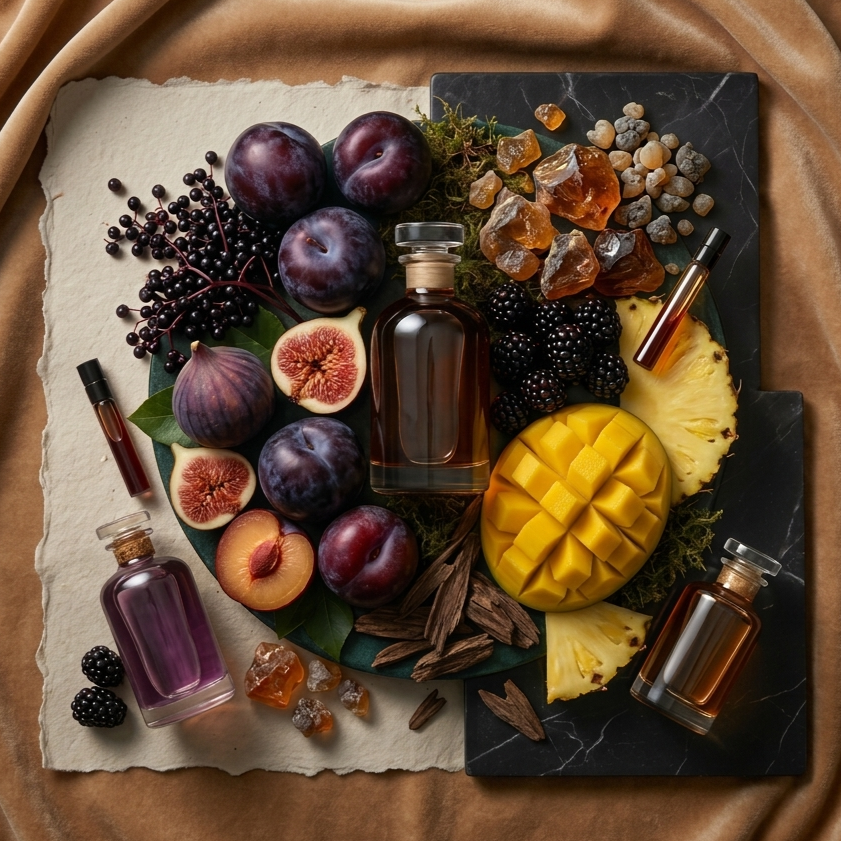 Dark and tropical fruit fragrance ingredients including figs, plums, mango, pineapple, blackberries, and elderberries arranged with resin crystals, oud wood, and perfume bottles on marble and linen surfaces