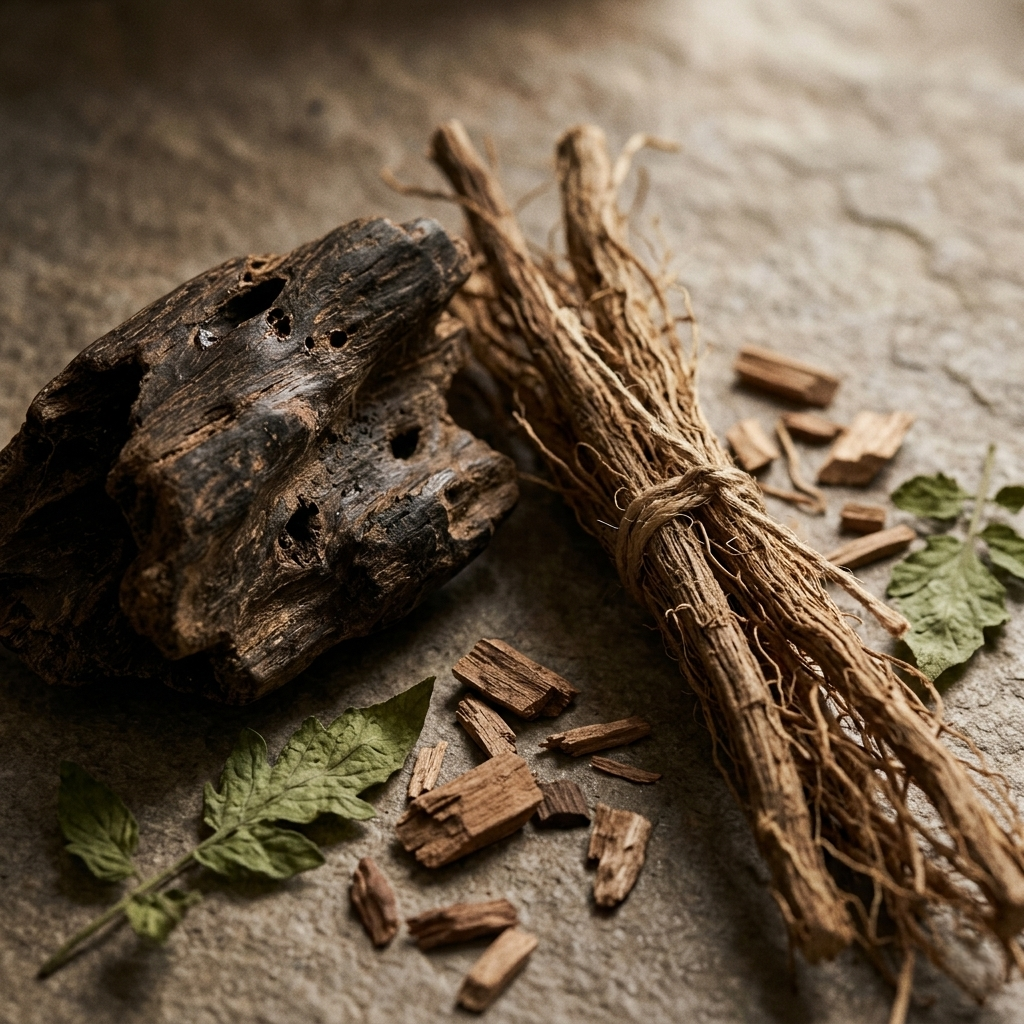 AURA Candle Bar photo of dark brown Oude pice next to a Vetiver bunch tied together with twine with a flat lay of two tomato leafs and cedar wood chips on a tan stone surface