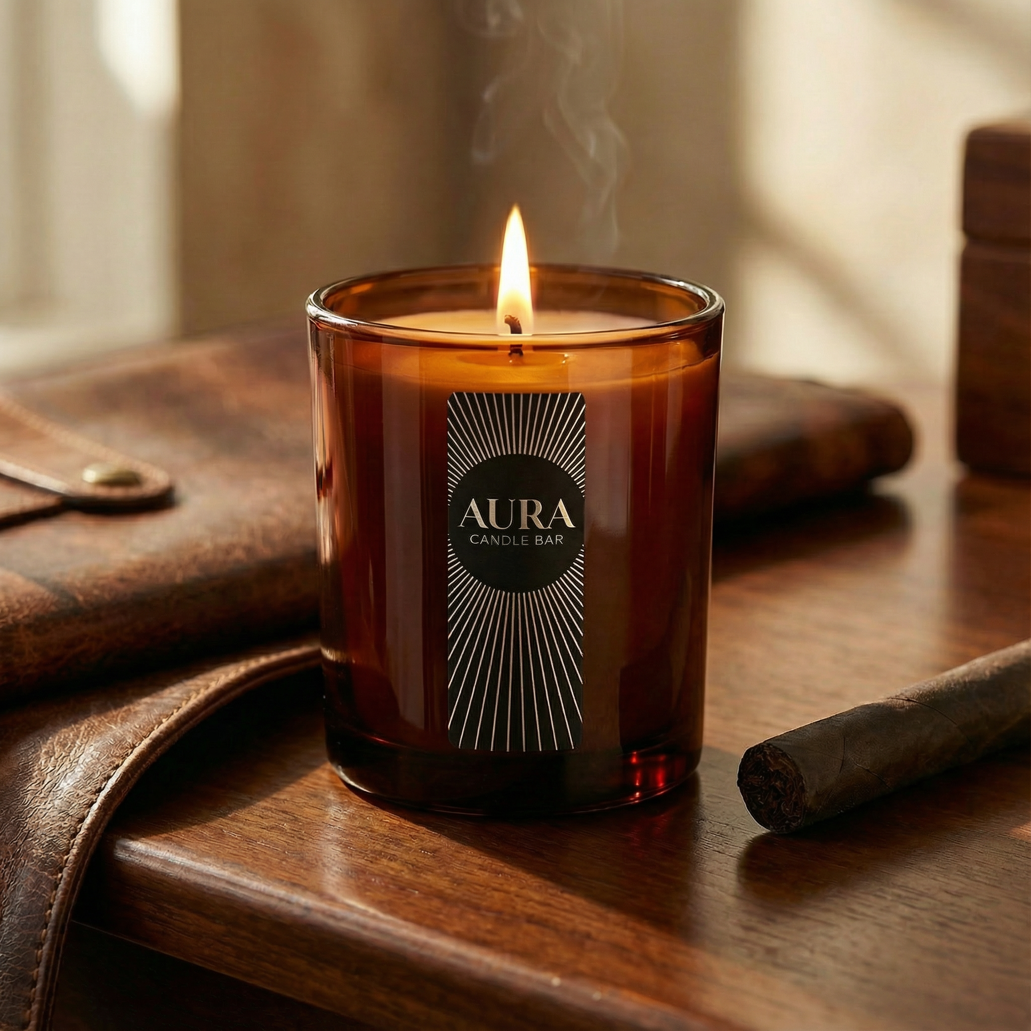 AURA Candle Bar Warm Tobacco Signature Fragranced Candle in an ambere glass vessel next to a writing journal wrapped in brown leather.