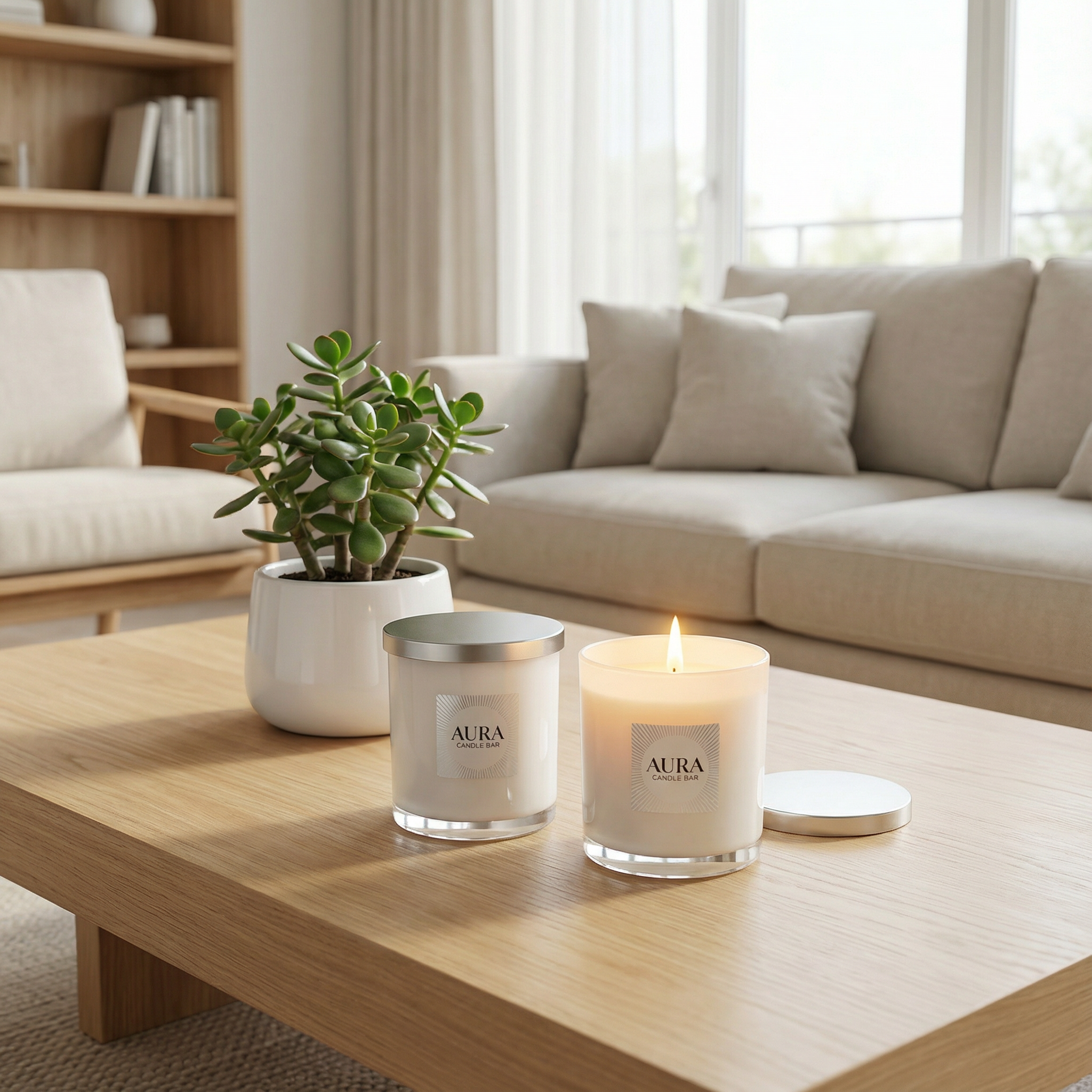 Two AURA Candle Bar Fragranced Candles in a glossy white vessels with one lit and the second with a silver lid. Both sit on a light wooden table next to a jade plant