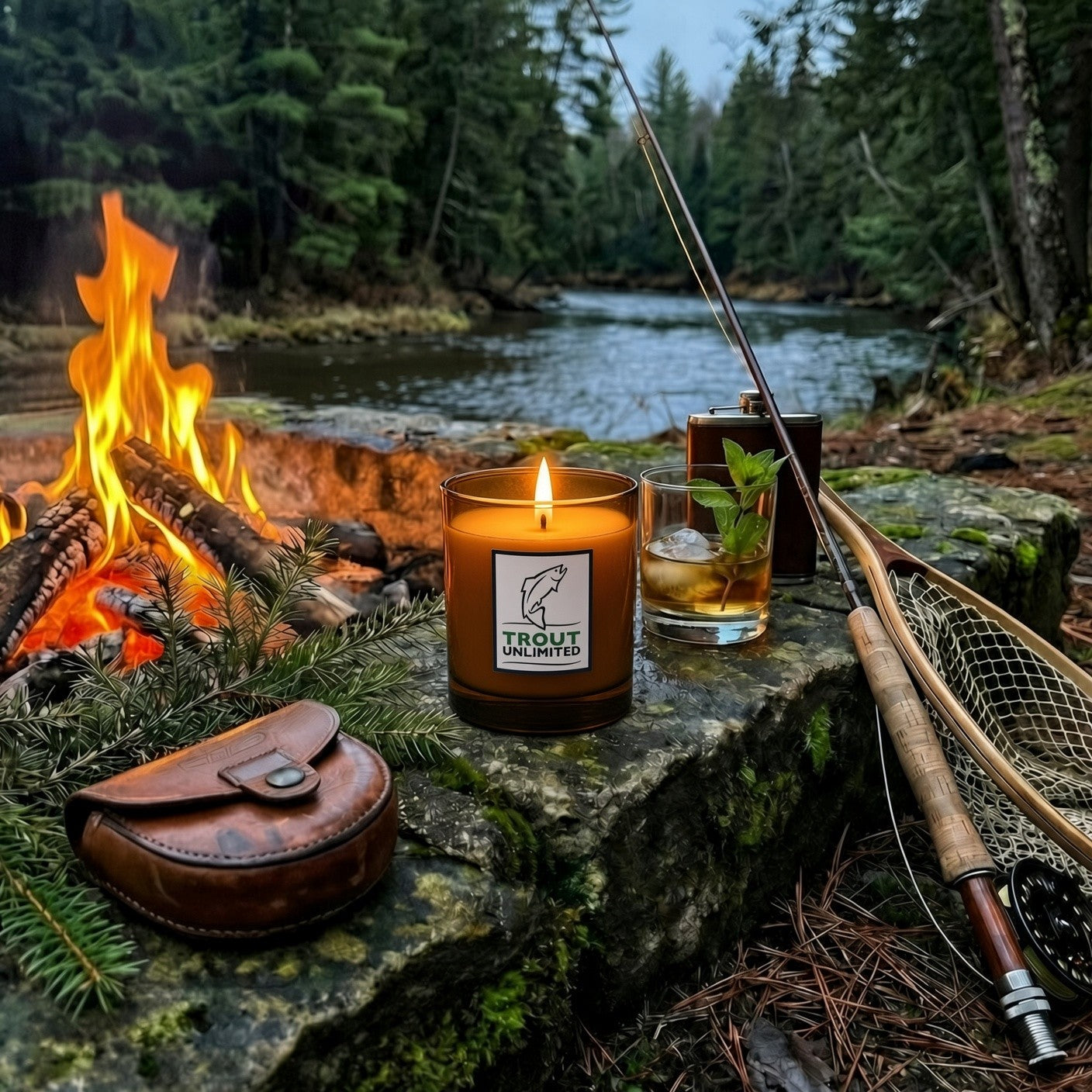 AURA Candle Bar x Trout Unlimited Minted Waters Fragranced Candle sitting on a boulder next to a stream in the northern states of the US. A bonfire sits next to the stream and the stream is lined with evergreens and mint. Next to the candle is a leather fly reel case, a glass of bourbon, flask, fly rod and a landing net