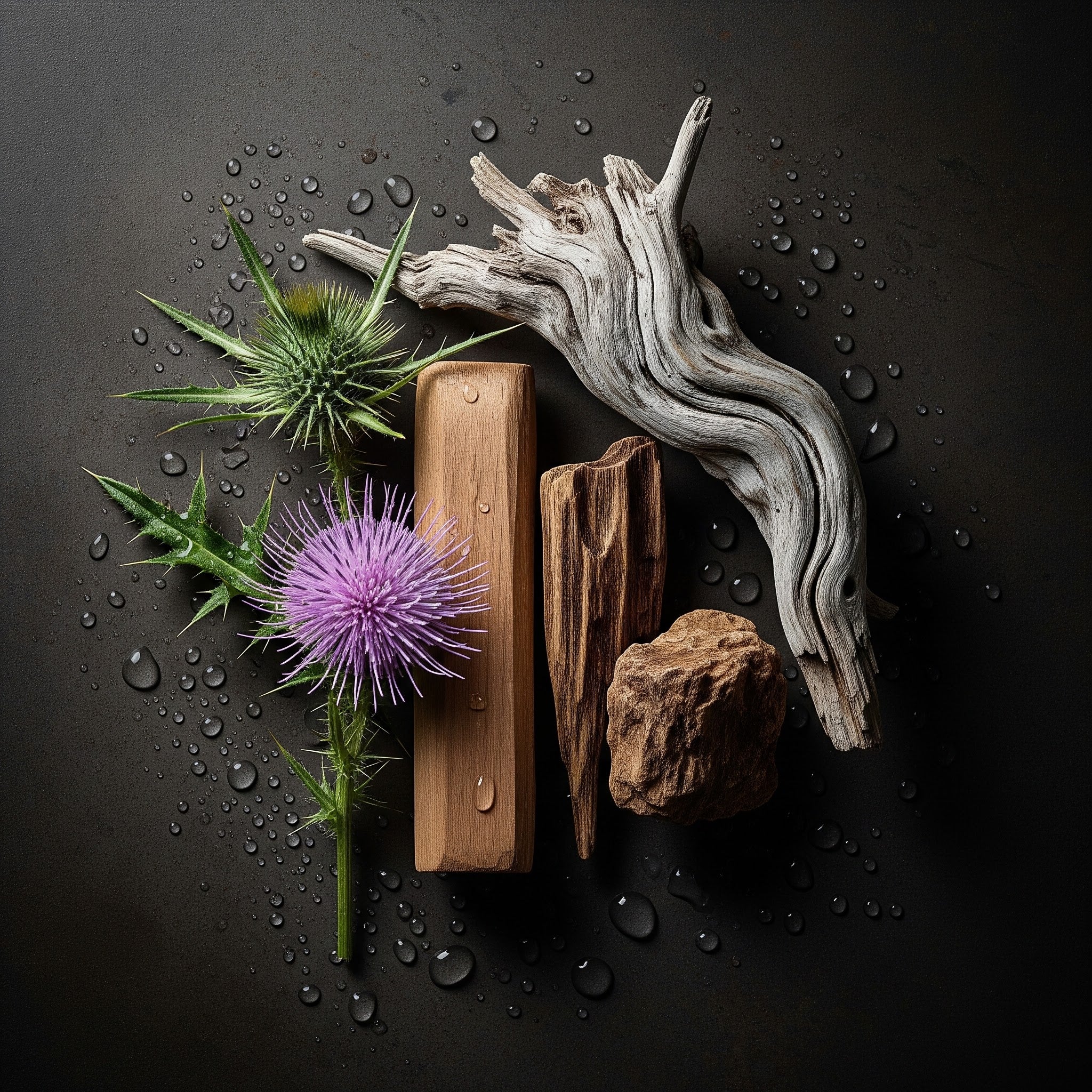 Raw materials used by AURA Candle Bar for the PAWS For A Cause Vet Care Candle. Flat lay of Agarwood, Sandalwood, Thistle, Driftwood and Morning Dew on a dark gray surface with dew drops on the surface
