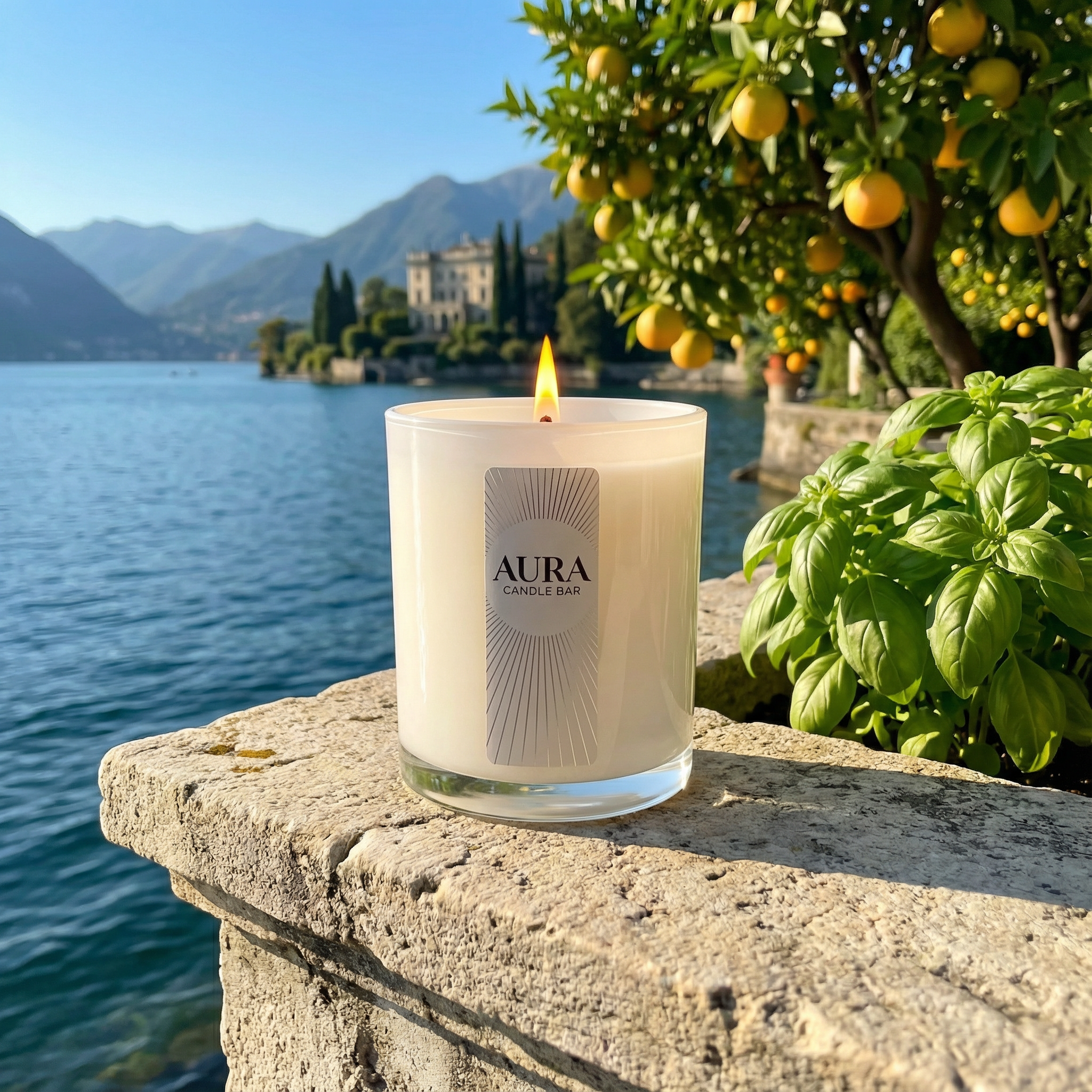 AURA Candle Bar Signature Fragrance in a white glossy vessel with a lit wick.  The candle vessel is resting on a stone wall with fresh basil, citrus trees and an Italian villa situated on the shores of Lake Como in northern Italy