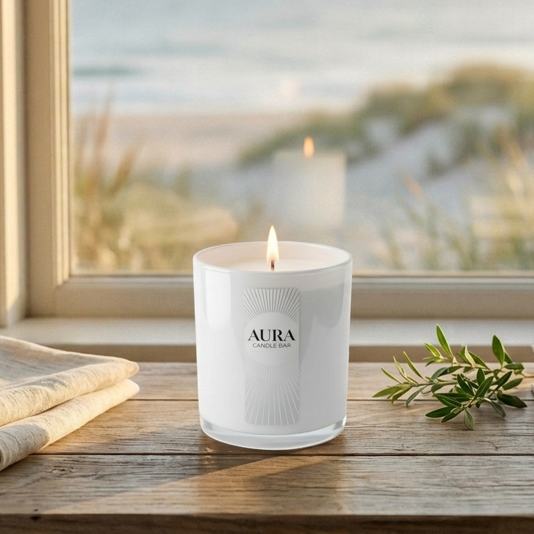 AURA Candle Bar Custom Fragrance and Candle For Housewarming Gift.  White glass vessel  on wooden table,  a window behind the candle with sandy dunes near a sea side home. with dunes and seascape