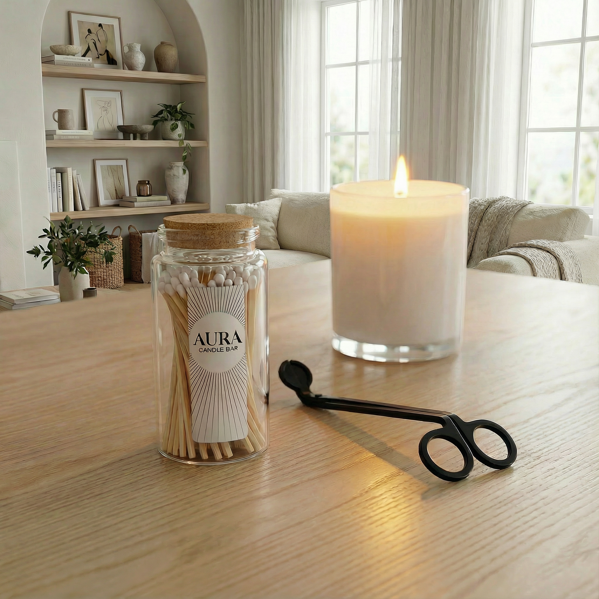 AURA Candle Bar matches in a glass container with a black wick trimmer and burning candle in a white glossy vessel on a wood table overlooking a lake from from lakefront house