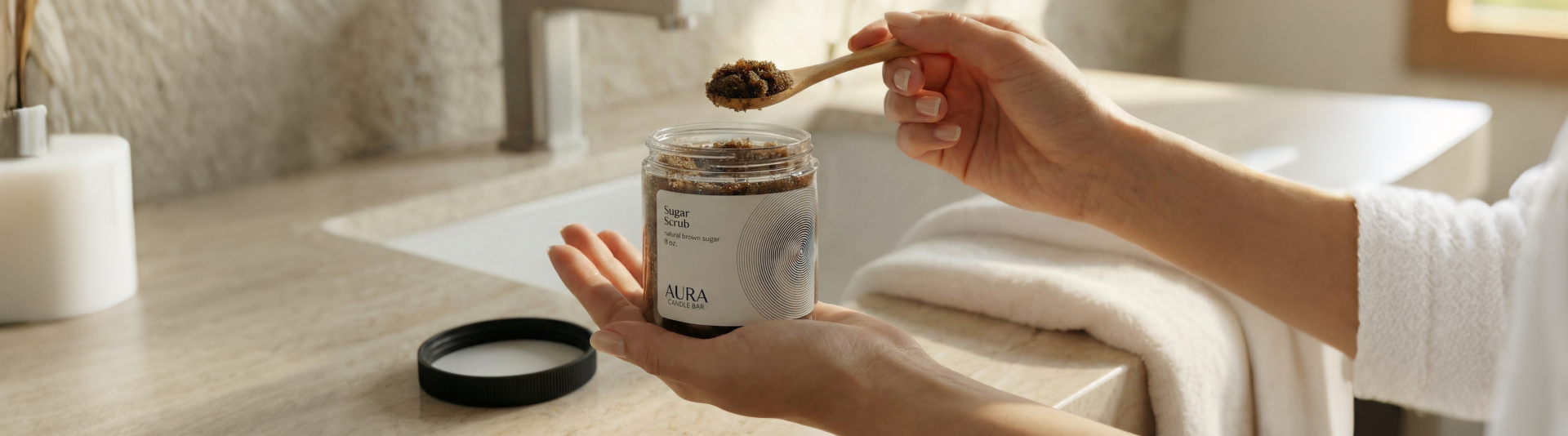 Woman dishing out AURA Candle Bar Sugar Scrub from a small wooden spoon at a sink