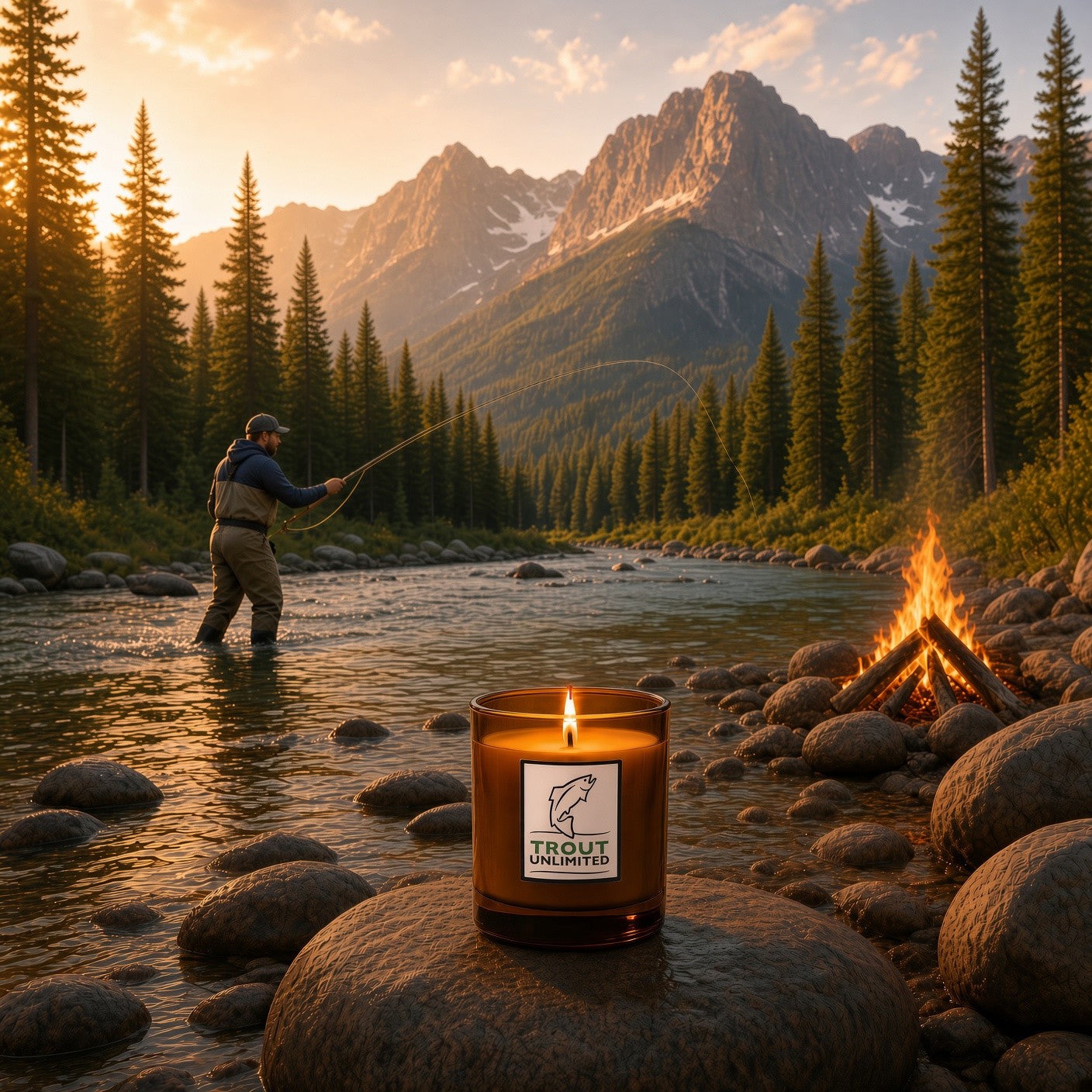 AURA Candle Bar x Trout Unlimited Western Mend Fragranced Candle sitting on a boulder next to a Rocky Mountain stream with a fly fishing angler reeling in a fish with golden sunlight passing through pine trees and mountains in the far distance