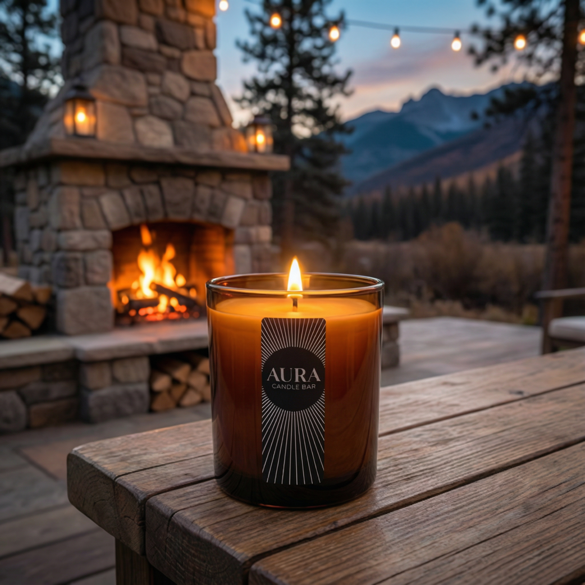 Amber vessel w/ 'Aura' label on a wooden table in front of a stone fireplace and mountain view.