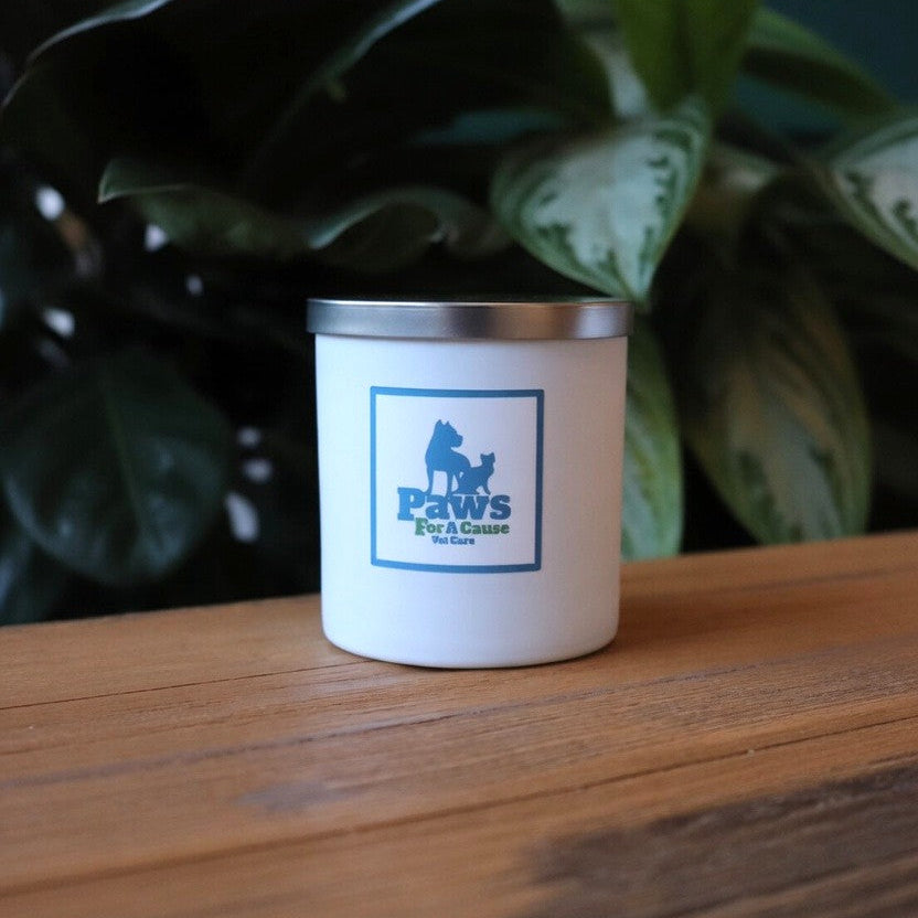 AURA candle Bar's AWS For A Cause Candle in a matte white vessel with a silver lid sitting on a medium wood colored surface with tropical plants out of focus in the background